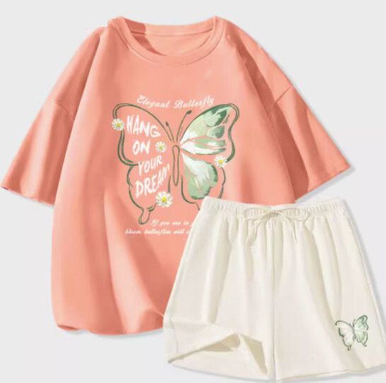 冰絲短袖短褲兩件套【橘粉色（雛菊蝶）+奶白褲】【S-2XL碼】（下單後請聯絡客服確認發貨尺碼）#K011002510