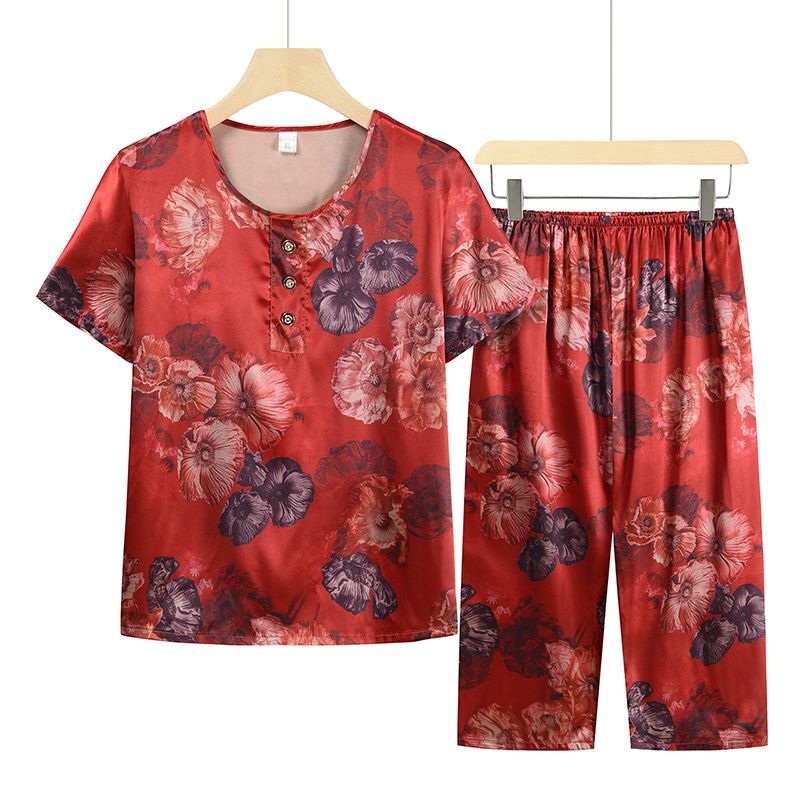 中老年媽媽短袖套裝(XL-4XL碼 亮桔紅）【下單後請聯絡客服確認發貨尺碼】F001099421
