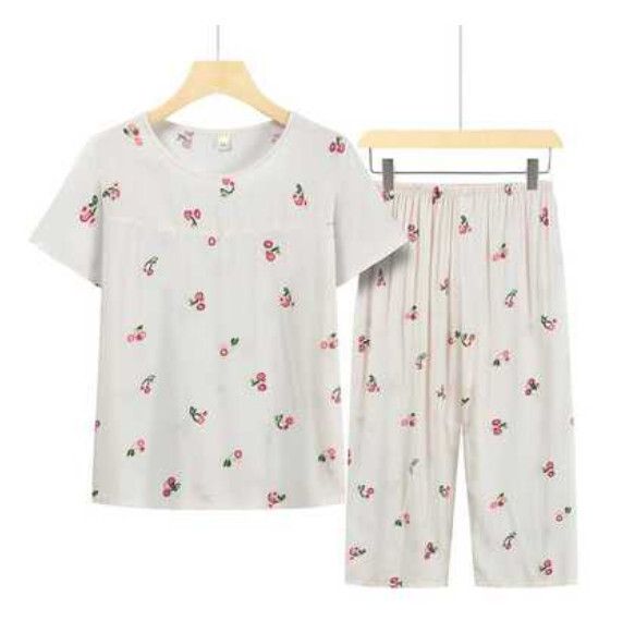 夏季中老年綿綢套裝（米白櫻桃）【尺碼：XL-5XL】【下單後聯絡客服確認發貨尺碼】F203013283