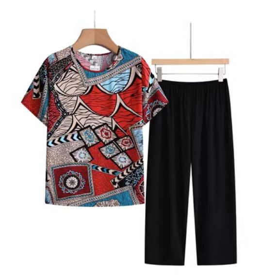 夏季中老年洋氣減齡套裝（塗鴉紅色）【尺碼：XL-4XL】【下單後聯絡客服確認發貨尺碼】F203013135