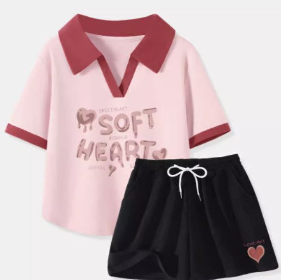 t恤短褲兩件套【淺粉色（戀愛字）+黑褲】【S-XL碼】（下單後請聯絡客服確認發貨尺碼）#K011002475