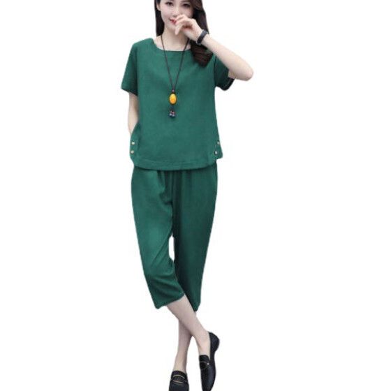 休閒顯瘦七分褲兩件套【綠色】 (尺碼：L-5XL碼) (下單後聯繫客服確認發貨尺碼)#F158027398