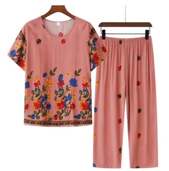 夏季中老年綿綢休閒套裝（粉色）【尺碼：XL-5XL】【下單後聯絡客服確認發貨尺碼】F203013113