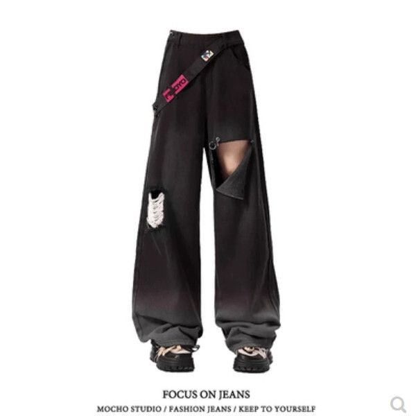 復古黑色破洞牛仔褲【黑色】尺碼【XL碼】【下單後請聯絡客服確認發貨尺碼】#K022001068