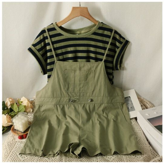 【套裝】短袖T卹+減齡收腰背帶闊腿褲（綠色）（均碼）#F038083252