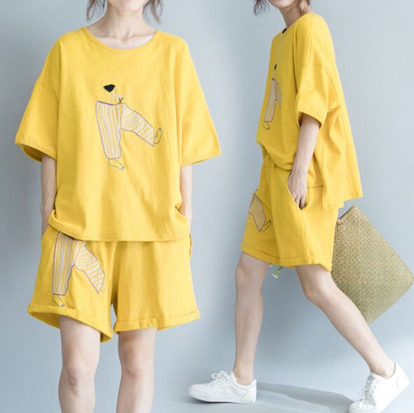 寬鬆休閒運動套裝【黃色】 (尺碼：M-4XL碼) (下單後聯繫客服確認發貨尺碼)#F158027405