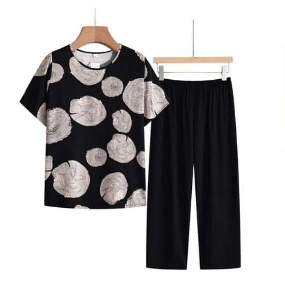 夏季中老年洋氣減齡套裝（棕灰樹樁）【尺碼：XL-4XL】【下單後聯絡客服確認發貨尺碼】F203013130