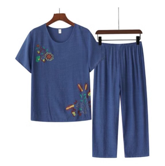 夏季中老年棉麻套裝（藍色）【尺碼：XL-4XL】【下單後聯絡客服確認發貨尺碼】F203013006