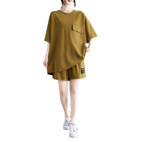 休閒短袖套裝【薑黃色】 (尺碼：M-4XL碼) (下單後聯繫客服確認發貨尺碼)#F158027136