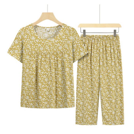 夏季中老年綿綢套裝（黃底小米花）【尺碼：XL-4XL】【下單後聯絡客服確認發貨尺碼】F203013261