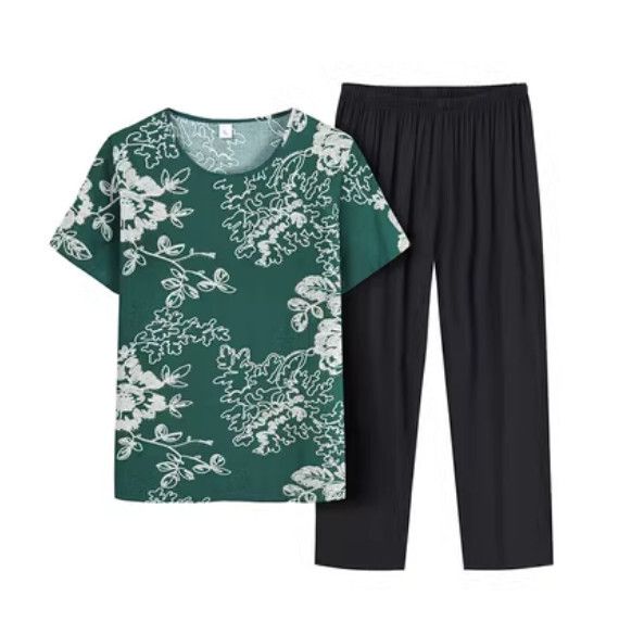 夏季中老年兩件套套裝（碎花綠）【尺碼：XL-4XL】【下單後聯絡客服確認發貨尺碼】F203013053