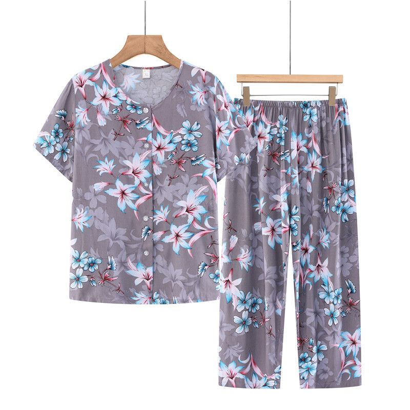 老年人短袖套裝( XL-5XL碼 淺灰花朵）【下單後請聯絡客服確認發貨尺碼】F001099253