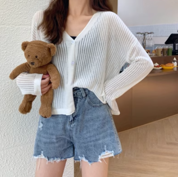 寬松鏤空純色v領針織長袖防曬開衫（白色）（均碼) #F080017484