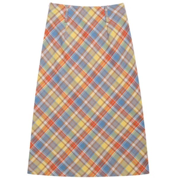 高腰彩色格紋中長款半身裙（黃色）（尺碼：S/M/L）（下單後聯絡客服確認發貨尺碼）#F002072034