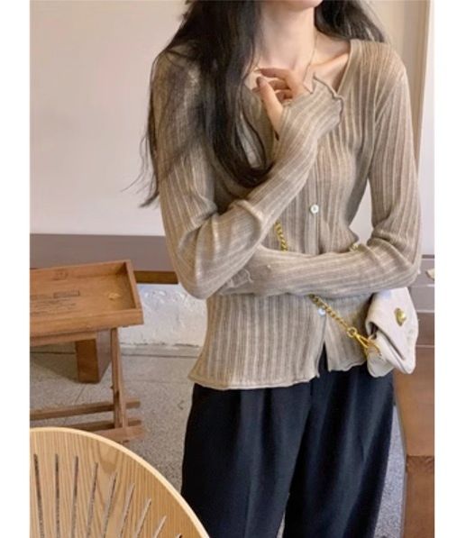 長袖針織開衫(卡其色,均碼)#F220012171