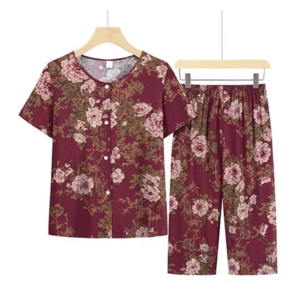夏季中老年綿綢套裝（棗紅）【尺碼：XL-4XL】【下單後聯絡客服確認發貨尺碼】F203013322