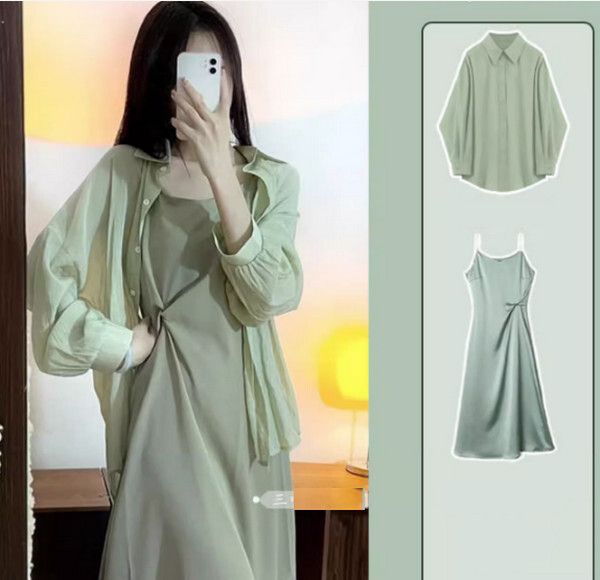 女式套裝-襯衫+吊帶裙(綠色)(M-4XL碼) (下單後聯系客服確認尺碼) #F105034023