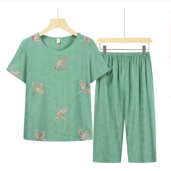 夏季中老年綿綢套裝（淺綠）【尺碼：XL-3XL】【下單後聯絡客服確認發貨尺碼】F203013227