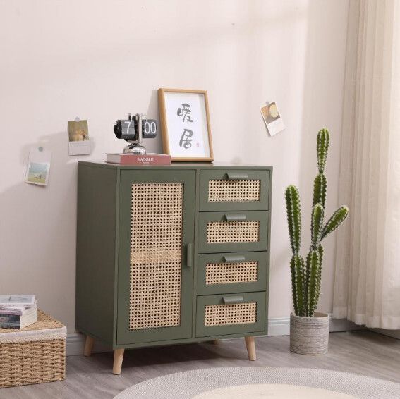 實木藤編餐邊櫃收納櫃（青綠色一門四抽【橡膠木】）#H148064864