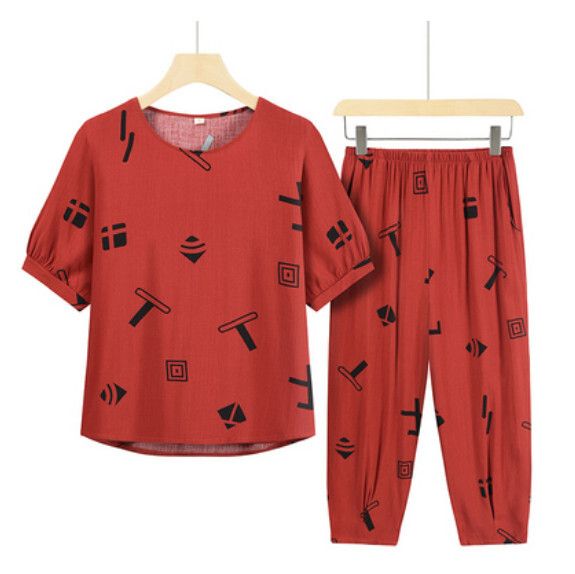夏季中老年兩件套套裝（紅色T格子）【尺碼：XL-3XL】【下單後聯絡客服確認發貨尺碼】F203013155