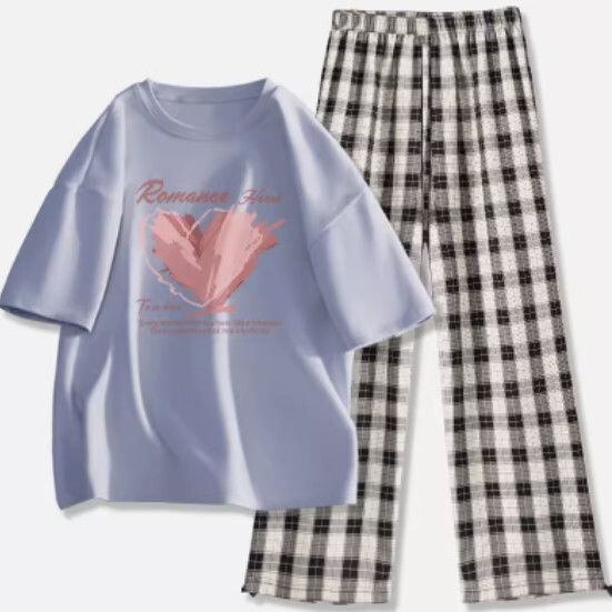 格子褲T恤兩件套【淺藍色（放肆蝶舞）+黑白褲】【S-2XL碼】（下單後請聯絡客服確認發貨尺碼）#K011002786