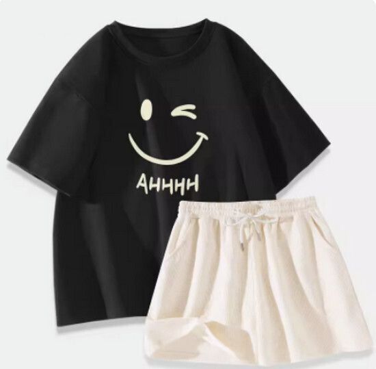 運動套裝【黑色（哈哈笑臉）+奶白褲】【S-XL碼】（下單後請聯絡客服確認發貨尺碼）
