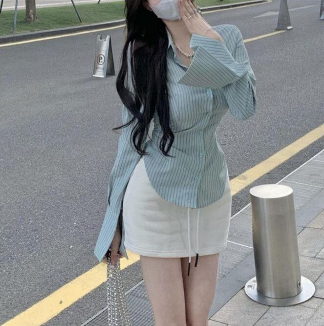 時尚套裝（綠色襯衫+白色短裙 S-L）(下單後聯絡客服確認發貨尺碼)#F224014027