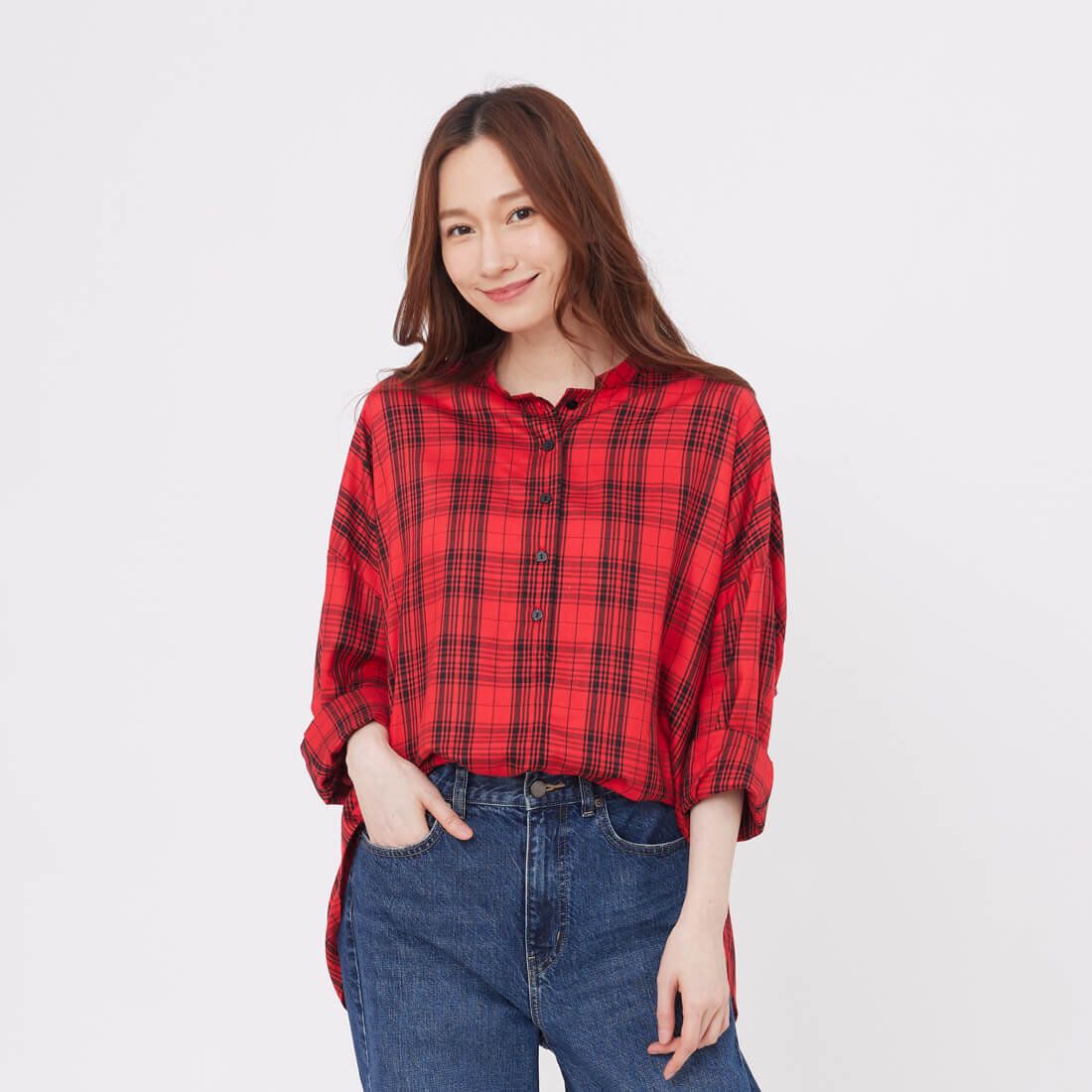 Tracy半開襟寬版八分袖襯衫/ 紅格紋