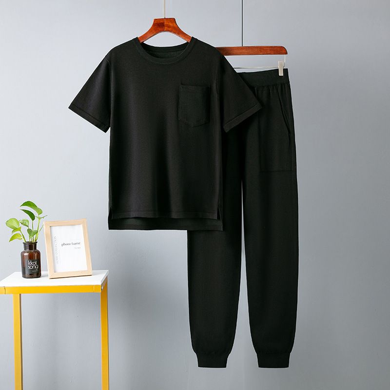 氣質休閒針織毛衣套裝(均碼 上衣+褲子 黑色）#F001100133