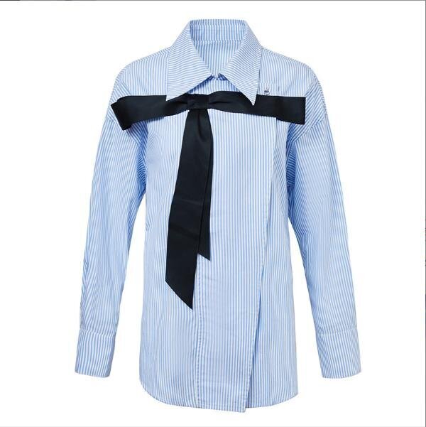 甜美氣質蝴蝶結襯衫（藍白條）（S-L碼）（下單後請聯絡客服確認發貨尺碼）