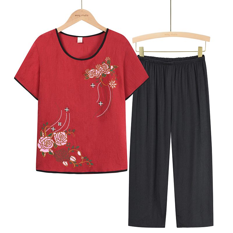 中老年媽媽短袖套裝(XL-4XL碼 磚紅色）【下單後請聯絡客服確認發貨尺碼】F001099449