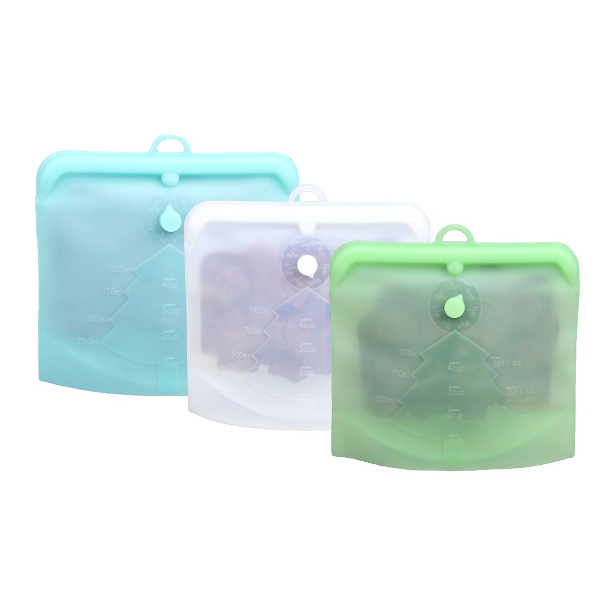 Reusable silicone sealing storage bag (M size 1000ML with 3 colours) with day of the week organiser