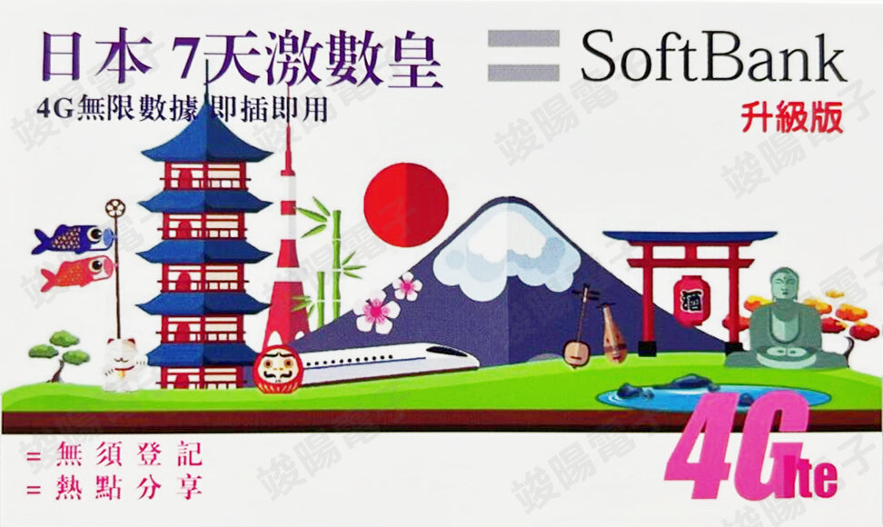 SoftBank【日本】7天 激數皇 高速4G無限上網卡數據卡電話卡Sim咭