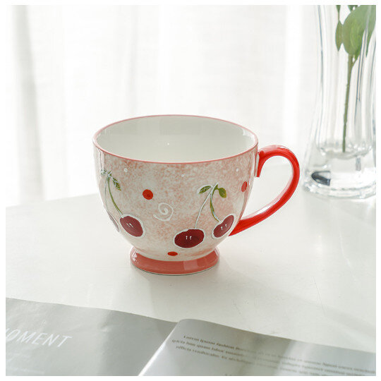 手繪陶瓷咖啡杯馬克杯【櫻桃手繪杯，單杯】(容量401-500ml)#N38_074_056