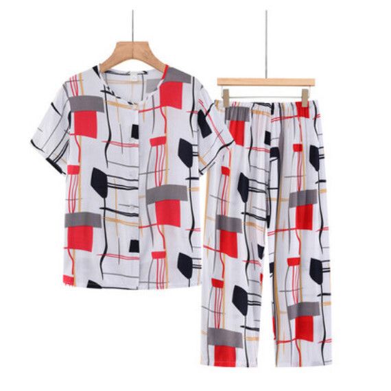 夏季中老年綿綢開衫套裝（白色拼色）【尺碼：XL-5XL】【下單後聯絡客服確認發貨尺碼】F203013108