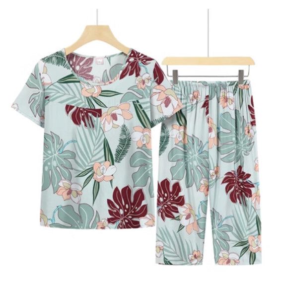 夏季中老年綿綢套裝（淺綠楓葉）【尺碼：XL-5XL】【下單後聯絡客服確認發貨尺碼】F203013282