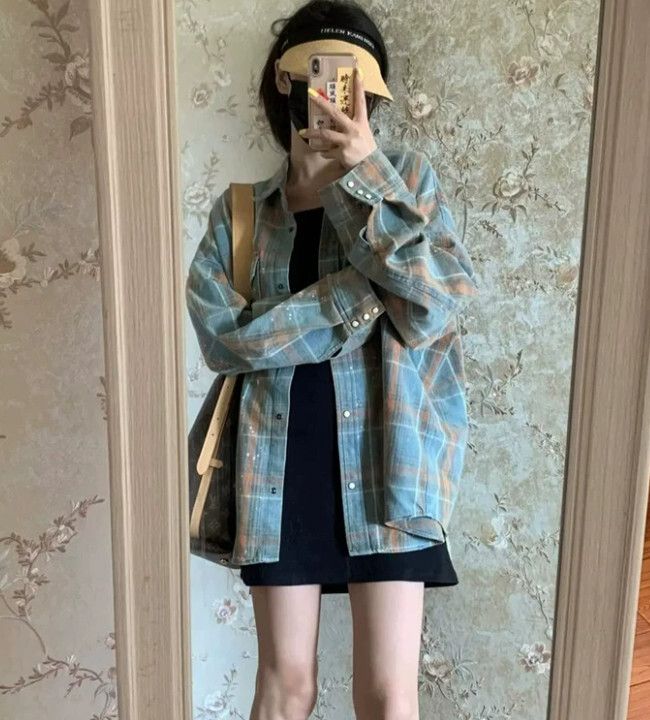 美式格子襯衫外套 寬鬆長袖上衣（藍色格子）（尺碼：S/M/L/XL）（下單後聯絡客服確認發貨尺碼）#S002078067