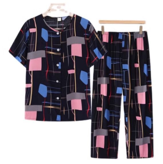 夏季中老年綿綢開衫套裝（黑粉拼色）【尺碼：XL-5XL】【下單後聯絡客服確認發貨尺碼】F203013109