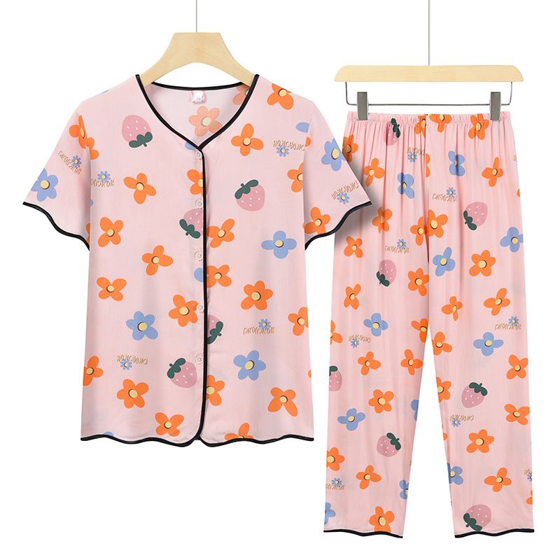 中老年媽媽短袖套裝(XL-4XL碼 草莓粉小花）【下單後請聯絡客服確認發貨尺碼】F001099354