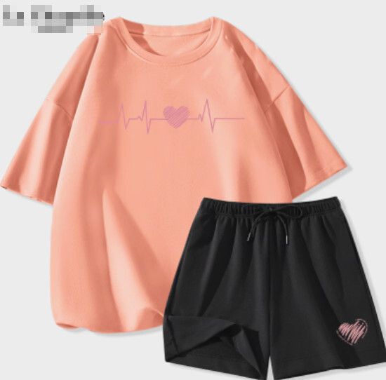 冰絲短褲休閒套裝【橘粉色（怦然心動）+黑褲】【S-2XL碼】（下單後請聯絡客服確認發貨尺碼）#K011002467