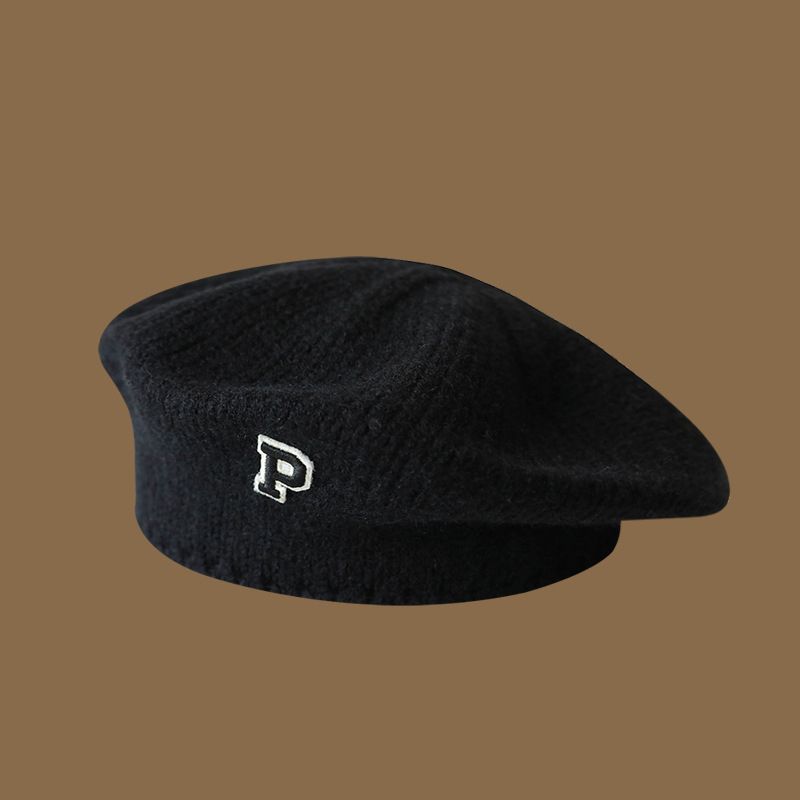 字母P標貝雷帽針織毛線畫家帽子(均碼（55-60cm）彈性頭圍 黑色)#S001108500