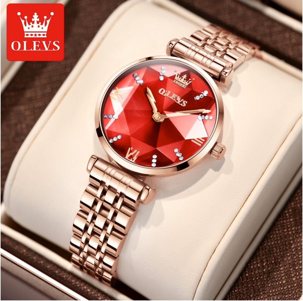 歐利時防水石英錶女士手錶(鋼帶玫瑰金紅面女）#S057029086