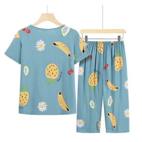 夏季中老年綿綢套裝（深綠菠蘿）【尺碼：XL-5XL】【下單後聯絡客服確認發貨尺碼】F203013281