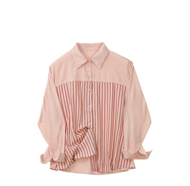 寬鬆條紋長袖襯衫（粉紅色 S-2XL碼）(下單後聯絡客服確認發貨尺碼)