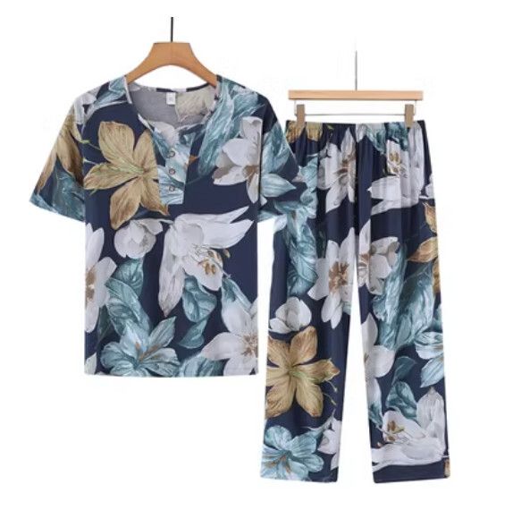 夏季中老年綿綢套裝（藏藍大花）【尺碼：XL-4XL】【下單後聯絡客服確認發貨尺碼】F203013229