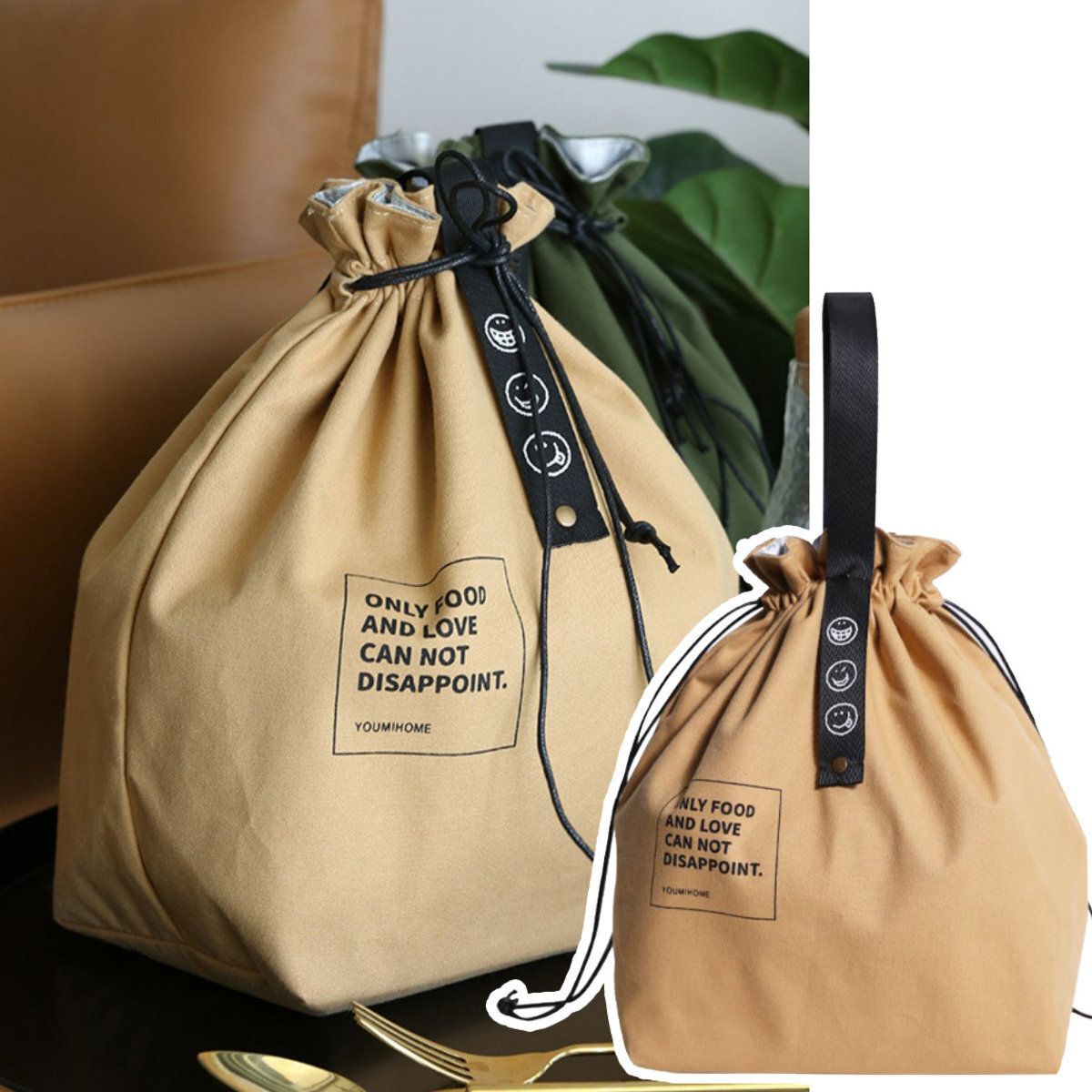 日式簡約束口織帶保溫飯袋lunch bag餐包日系棉麻工業風帆布野餐便當包