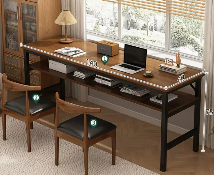 簡易書桌電腦桌（【桌椅組合-2椅】雙層深橡木色140*40*75cm）