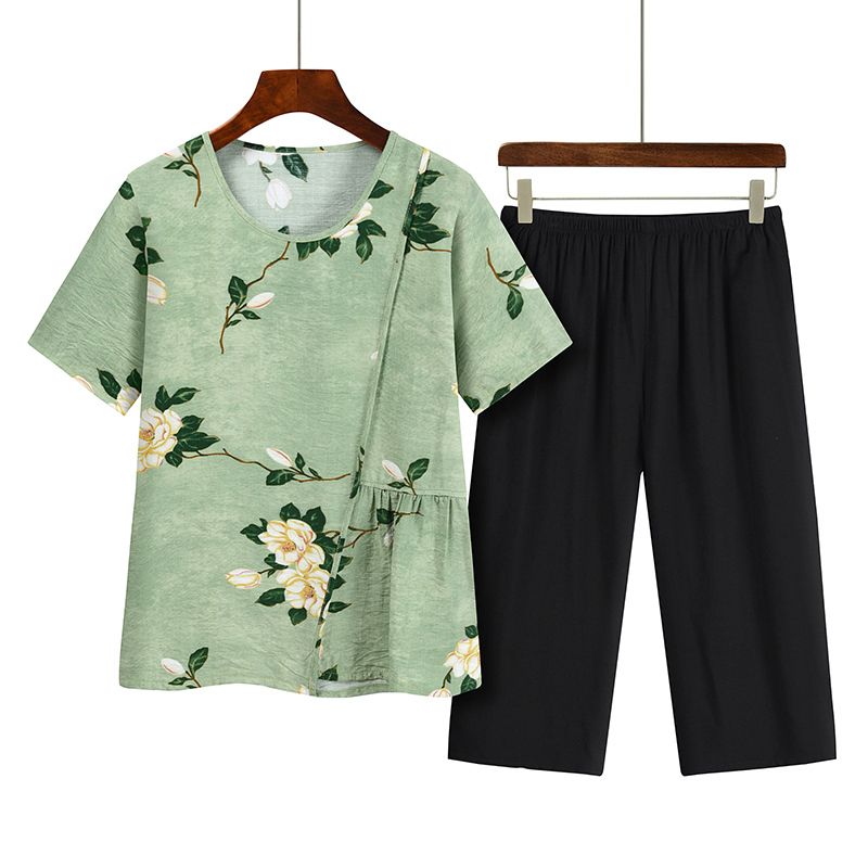 中老年媽媽短袖套裝(XL-4XL碼 淺綠色）【下單後請聯絡客服確認發貨尺碼】F001099361
