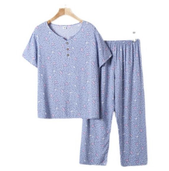 夏季中老年綿綢套裝（淺藍色小碎花）【尺碼：XL-4XL】【下單後聯絡客服確認發貨尺碼】F203013064