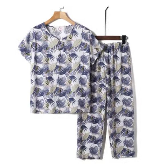 夏季中老年綿綢套裝（藍色楓葉）【尺碼：XL-4XL】【下單後聯絡客服確認發貨尺碼】F203013056